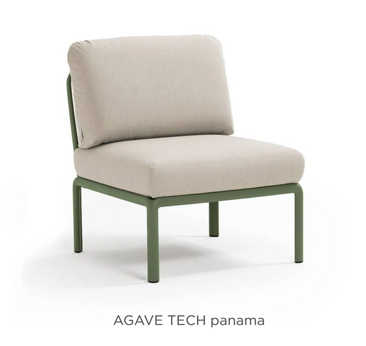 Nardi Komodo Central Sofa Module showing a modern outdoor sofa section with agave-colored Sunbrella fabric for patio lounging.