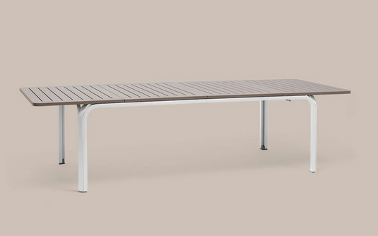 Alloro 210-280 extensible outdoor table by Nardi, made of durable wood with a sleek design, shown extended for outdoor dining.