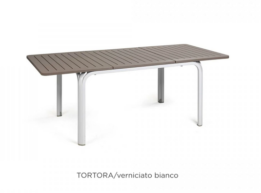Nardi Alloro 140–210 cm extensible outdoor table with wooden surface, suitable for patio outdoor furniture.