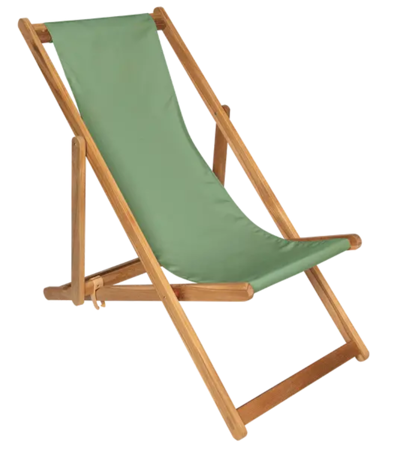Load image into Gallery viewer, Almond green Fermob Ibiza teak deck chair with a slatted wooden seat and armrests, perfect for outdoor relaxation.
