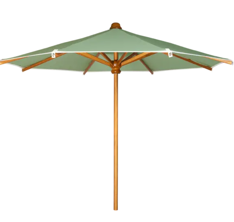 Load image into Gallery viewer, Almond green KOTO teak parasol by Fermob, 250cm diameter, ideal for terrace or garden seating in Ireland.
