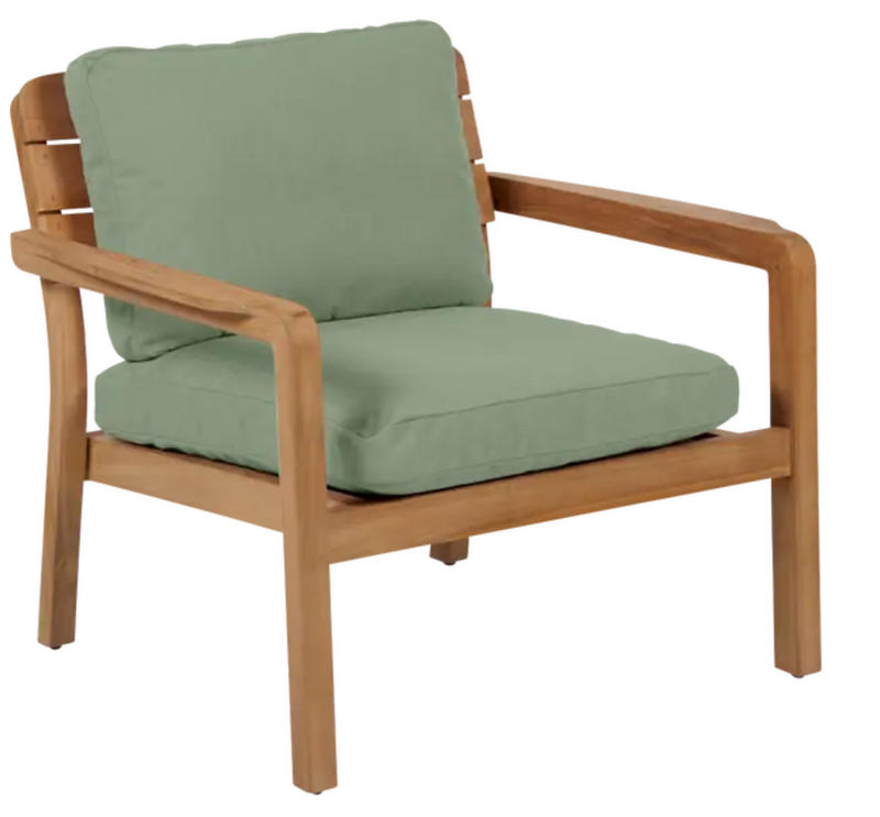 Load image into Gallery viewer, Fermob Lodge Low Armchair in almond green teak for outdoor hotel terrace seating with a modern, low-arm design.
