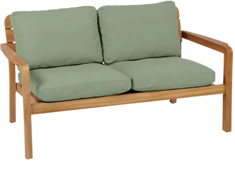 Load image into Gallery viewer, Almond green Lodge solid teak 2-seater outdoor sofa by Vlaemynck with cushioned seats and armrests for patio or garden use.
