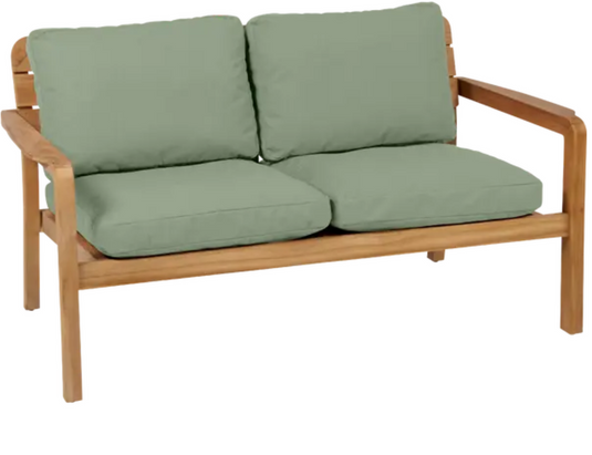 Almond green Lodge solid teak 2-seater outdoor sofa by Vlaemynck with cushioned seats and armrests for patio or garden use.