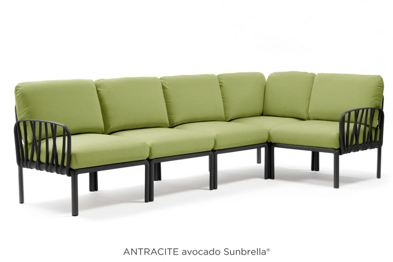 Load image into Gallery viewer, Antracite and avocado-colored Komodo 5 modular outdoor sofa by Custom Wood Designs, shown assembled on a patio.
