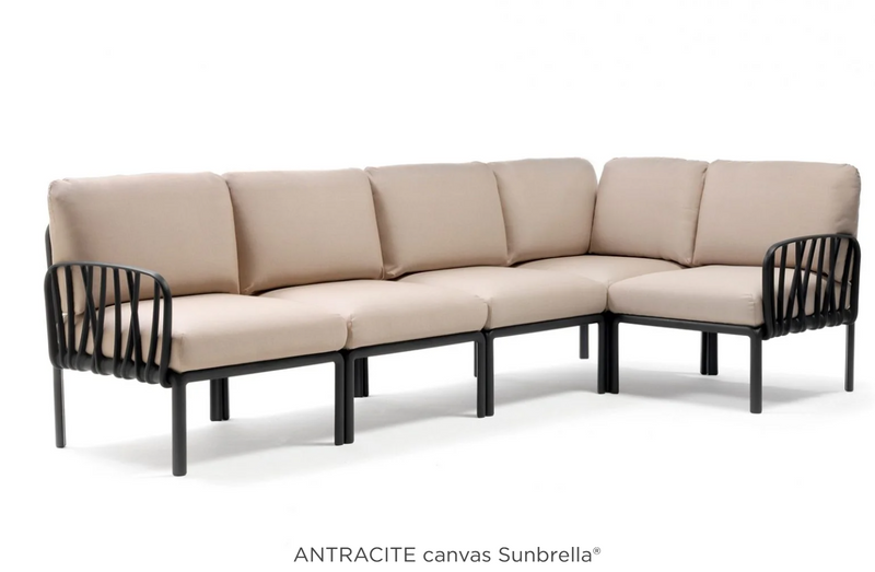 Load image into Gallery viewer, Antracite canvas-covered Komodo 5 modular outdoor sofa by Custom Wood Designs, assembled for patio or hotel outdoor seating.
