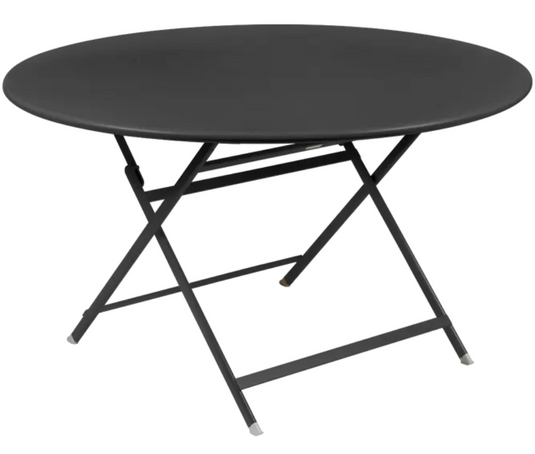 Fermob Caractère foldable metal table in antracite, 128 cm diameter, designed for eight people, with a sleek, modern appearance.