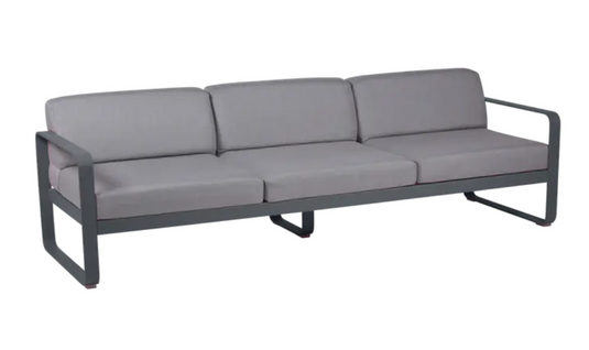 Fermob Bellevie 3-seater outdoor sofa with anthracite grey flannel fabric and metal frame, perfect for patio or garden seating.