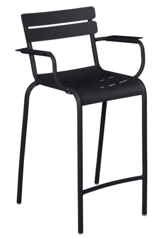 Luxembourg high bar armchair by Fermob in anthracite color, featuring a sleek metal design and high armrests.