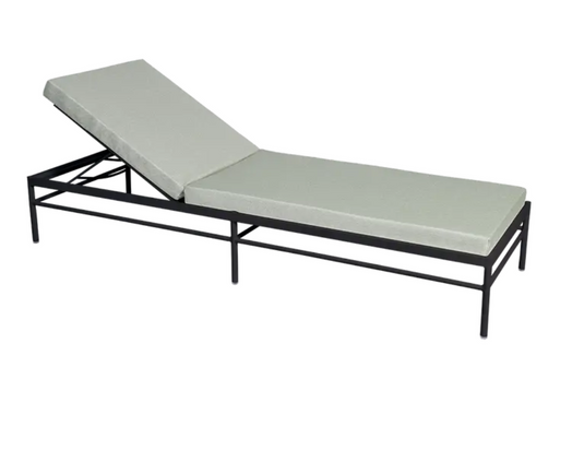 Fermob Rivage luxury metal sunlounger with antracite and meadow green cushions, outdoor furniture for relaxing in the garden