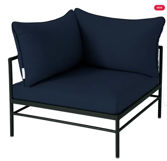 Fermob Rivage Corner Armchair in antracite and midnight blue metal outdoor sofa with modern design and plush cushions.