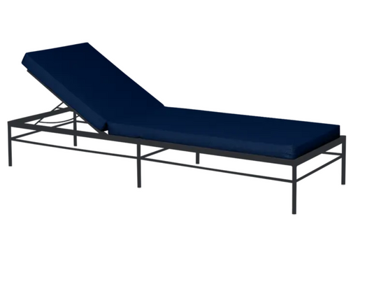 Antracite Midnight Blue Fermob Rivage luxury metal sunlounger with a sleek, modern design and slatted seating.