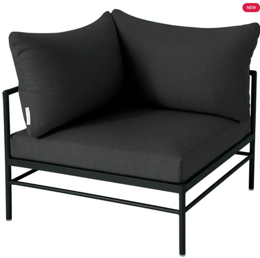 Antracite grey Fermob Rivage corner outdoor sofa armchair with metal frame, designed for stylish outdoor seating.