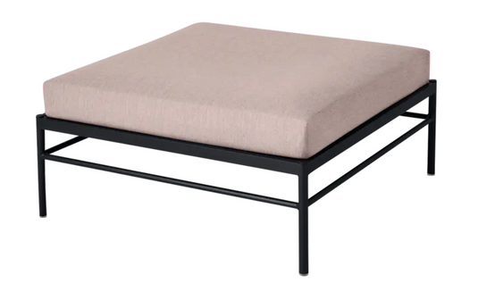 Fermob Rivage outdoor Ottoman in anthracite and papyrus, metal frame, versatile lounge footstool for patio or garden seating.