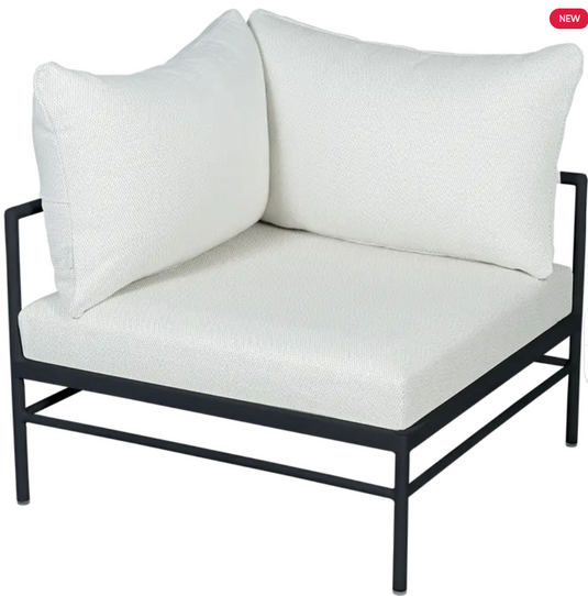 Antracite Pearl Rivage corner outdoor armchair by Fermob, featuring a metal frame and plush cushions for comfortable outdoor seating.