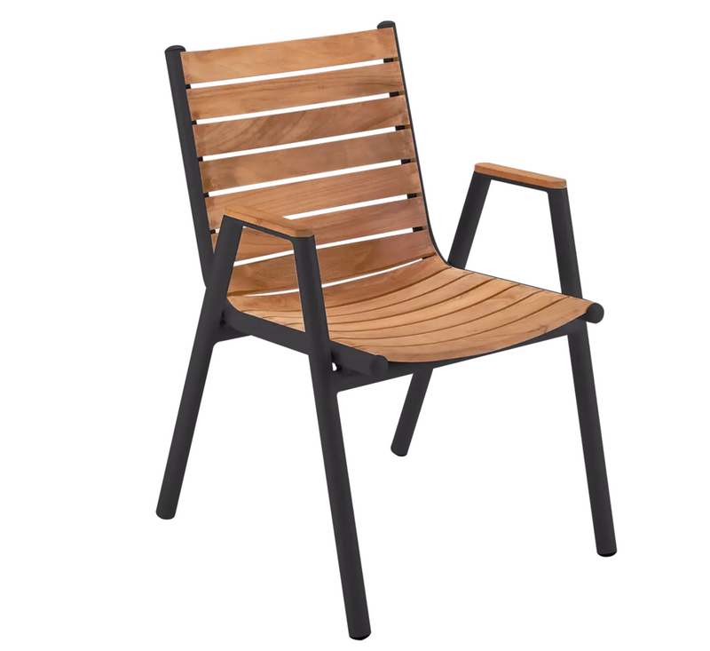 Load image into Gallery viewer, Fermob Pilotis teak armchair with antracite finish, showcasing modern design and durable teak wood for outdoor furniture.
