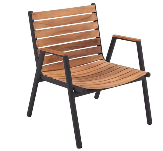 Antracite Fermob Pilotis teak outdoor low armchair with solid teak construction and modern design, placed on outdoor patio.