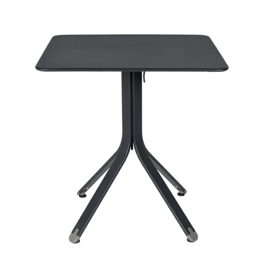 Fermob Rest'O folding outdoor table in antracite color, 71x71cm metal tabletop with foldable design for outdoor use.