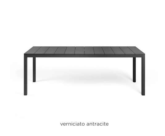 Antracite Nardi Rio Alu 210 fixed outdoor table with aluminum construction, designed for outdoor dining and patio use.