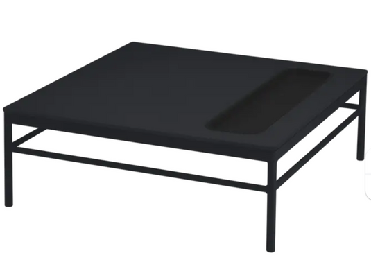 Fermob Rivage outdoor metal low table in antracite color, 85x85cm, with a sleek, modern design suitable for patio or garden.