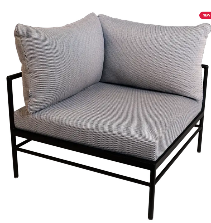 Load image into Gallery viewer, Fermob Rivage Corner Armchair with anthracite Straciatella fabric, metal outdoor corner sofa for stylish outdoor seating.
