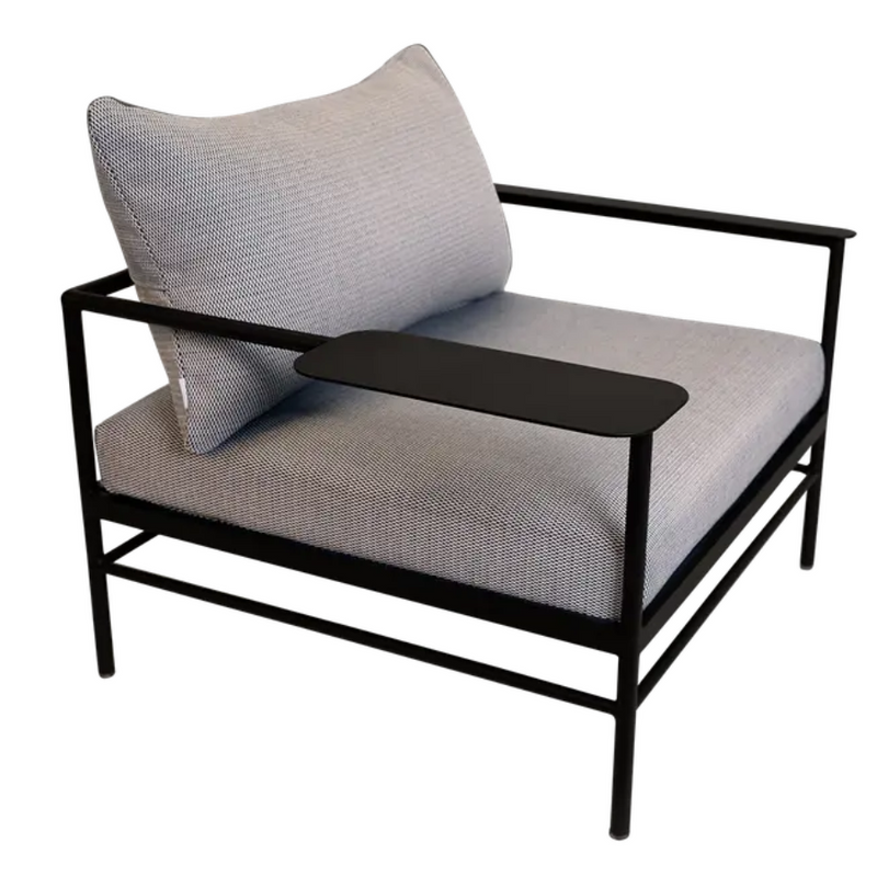 Load image into Gallery viewer, Fermob Rivage low armchair in anthracite metal with a Straciatella pattern, outdoor garden furniture for relaxing outdoor spaces.
