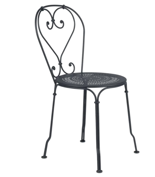 An outdoor Fermob 1900 chair in anthracite color with a sleek metal design, suitable for patio or garden seating.