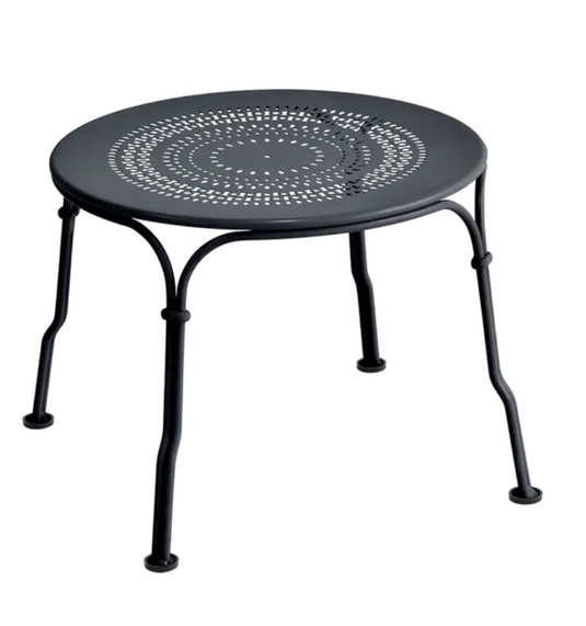 Fermob 1900 low table in antracite with a 45 cm diameter, metal outdoor furniture with a minimalist round design.