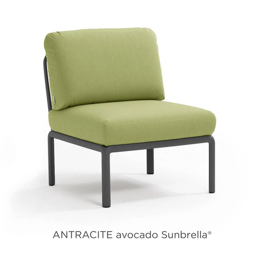 Nardi Komodo Central Sofa Module in antracite and avocado with Sunbrella fabric, outdoor modular sofa section on hotel patio.