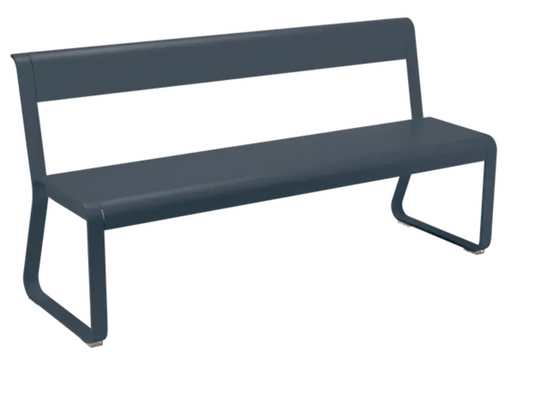 Fermob Antracite Bellevie outdoor bench with backrest, metal powder-coated furniture suitable for garden or patio seating.
