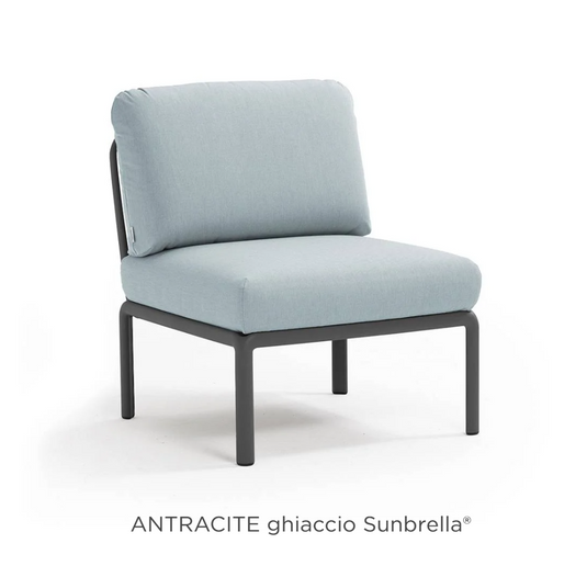 Nardi Komodo Central Sofa Module in anthracite and ice gray with Sunbrella fabric, part of the outdoor Komodo sectional sofa.