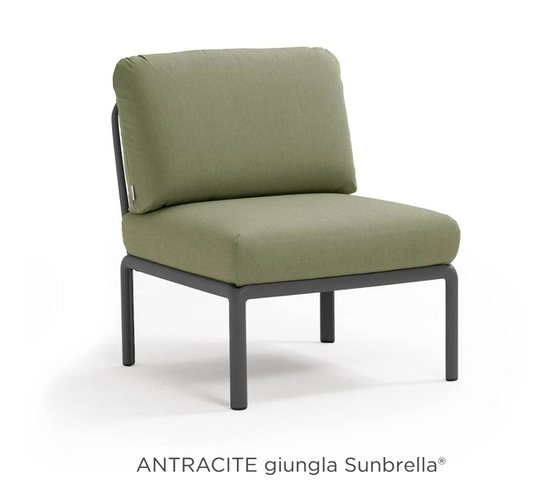 Nardi Komodo Central Sofa Module in anthracite with sunbrella fabric, part of the outdoor Komodo sectional sofa on hotel patio.