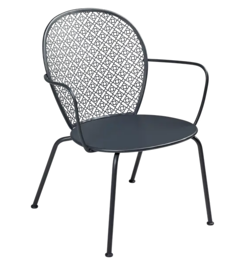 Load image into Gallery viewer, Antracite Fermob Lorette low armchair with metal frame and woven seat, ideal for outdoor patio or garden seating.
