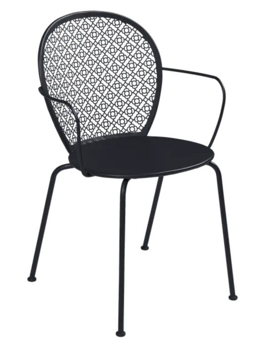 Antracite Fermob Lorette outdoor metal armchair with curved armrests and slatted seat, stylish garden furniture for outdoor spaces.