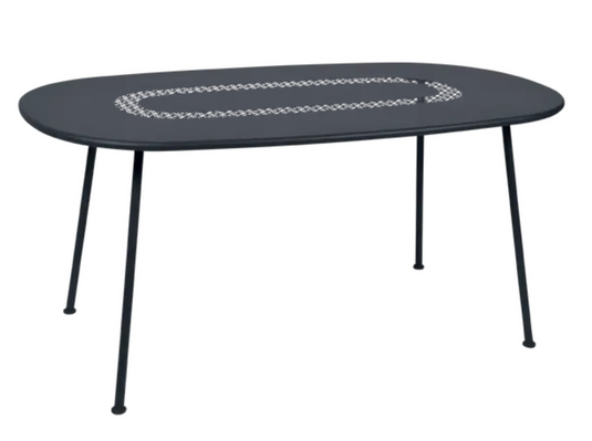 Fermob Lorette oval metal outdoor dining table in antracite, 160 x 90 cm, with a sleek design and sturdy legs.