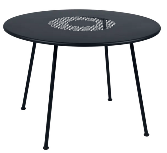 Fermob LORETTE round garden table in antracite metal with 110 cm diameter, fire-resistant, stylish outdoor furniture.
