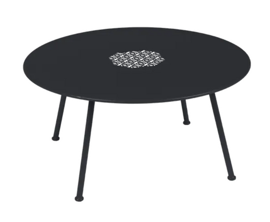 Fermob Lorette low coffee table with antracite metal finish, round 80 cm diameter, ideal for outdoor patio or living area.