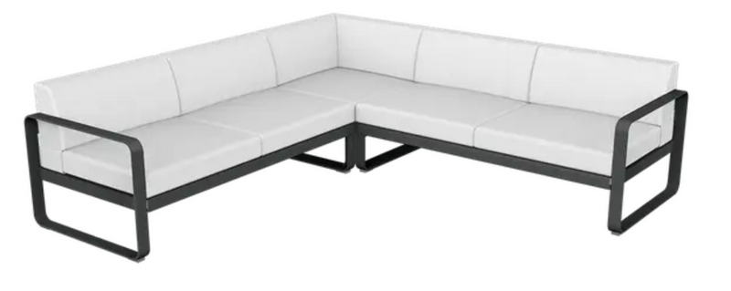 Load image into Gallery viewer, Fermob Bellevie Composition 2 outdoor lounge sofa set with antracite and off-white cushions, modern modular design for outdoor seating.
