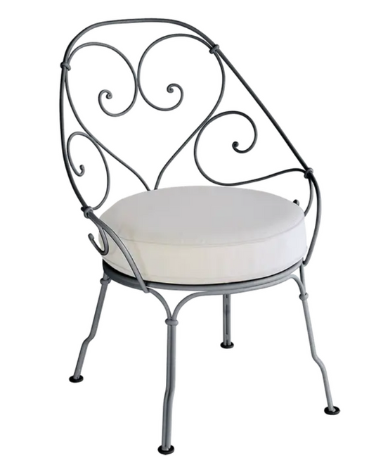 An outdoor Fermob Carbriolet armchair in antracite and off-white with a metal frame and cushioned seat, suitable for patio or garden.