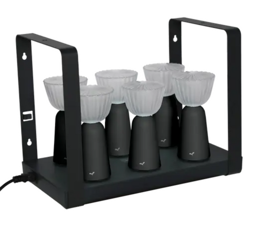 Set of 6 Fermob Swing Lamps in anthracite with charging tray, rechargeable outdoor lights for stylish outdoor living.