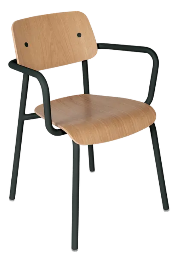 Load image into Gallery viewer, Fermob Studie Oak outdoor armchair with antracite finish, featuring a wooden armrest and sleek design for patio or garden use.
