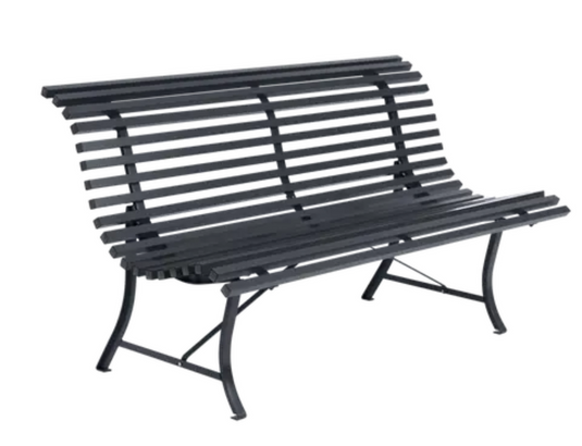 Antracite Louisiane 150cm outdoor folding steel bench by Fermob, suitable for garden or commercial outdoor spaces.