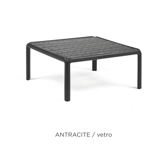 Nardi Komodo outdoor glass table with antracite finish, designed for patio use, featuring a sleek glass top and modern style.
