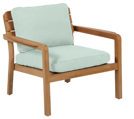 Aqua green Fermob Lodge low armchair with teak frame, outdoor hotel terrace seating, stylish and comfortable for outdoor spaces.