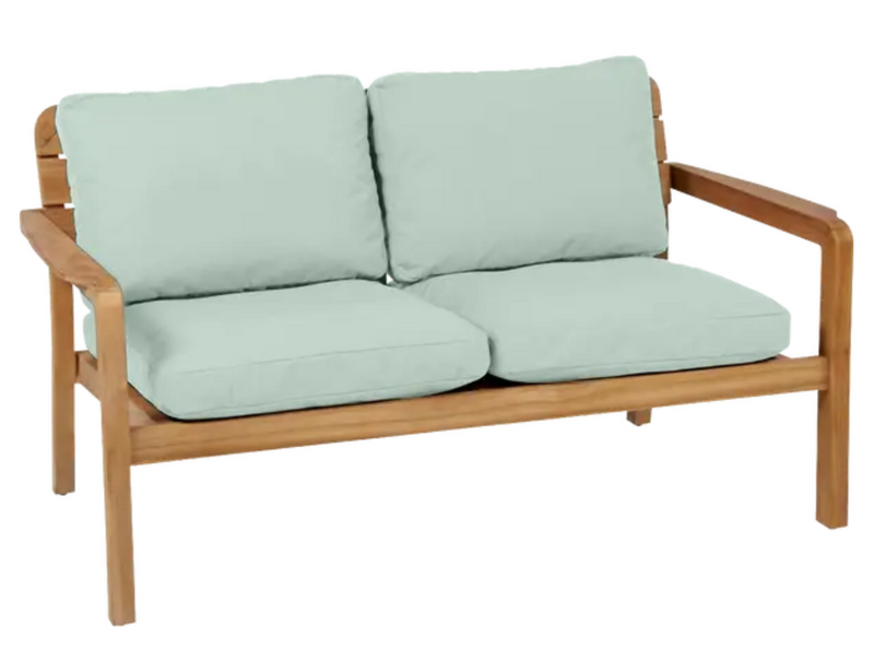 Load image into Gallery viewer, Aqua green Lodge solid teak 2-seater outdoor sofa by Vlaemynck with cushioned seating, suitable for outdoor hospitality spaces.
