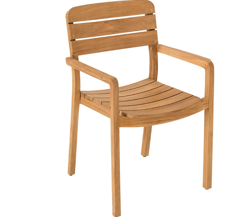 Vlaemynck teak outdoor armchair with a slatted design, ideal for outdoor dining or hospitality settings.