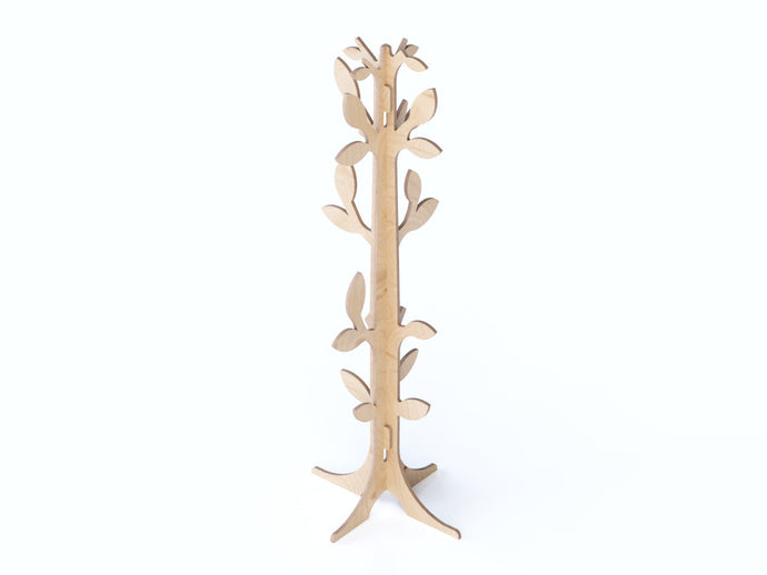 Attakko interlocking wooden coat hanger and display stand made from eucalyptus wood.