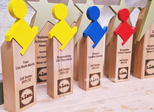 Custom Wood Designs award made of block oak displaying a sleek, handcrafted award for corporate gifting and recognition.