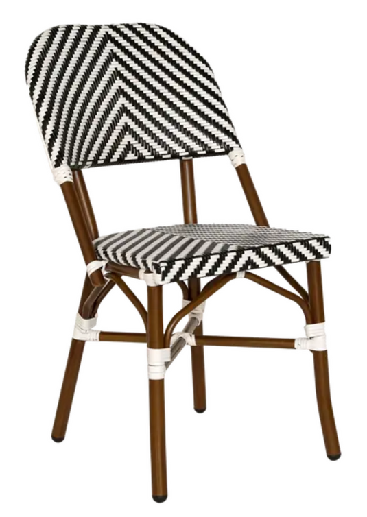 Custom Wood Designs Tequila Bistro Restaurant Chair with chevron hemp upholstery, ideal for cafes and bistros.