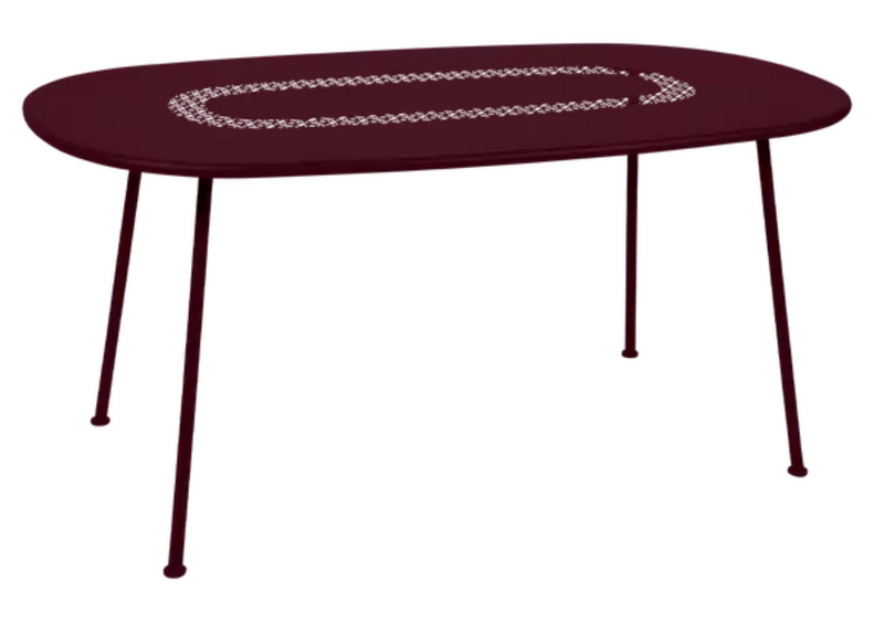 Load image into Gallery viewer, Fermob Lorette oval metal outdoor dining table, 160x90 cm, with black cherry finish, suitable for patio or garden dining.
